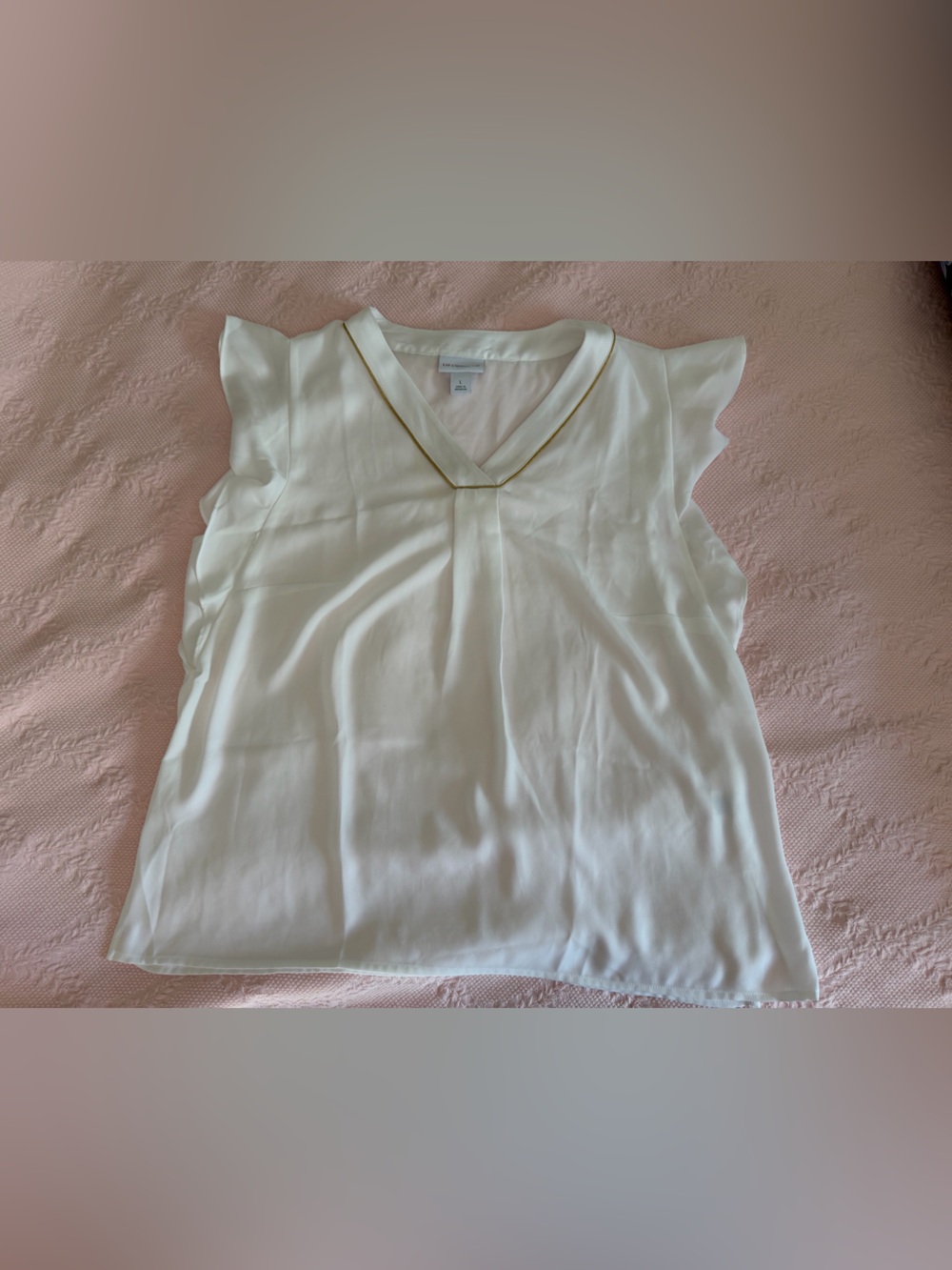 Liz Claiborne White V-Neck Blouse with Gold Trim